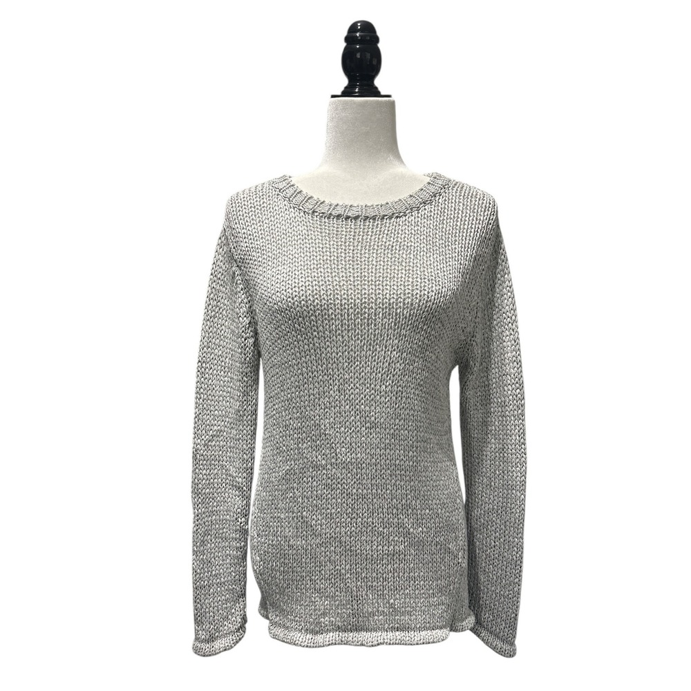 J.McLaughlin Metallic Silver Knit Sweater Size M Viscose Blend Textured Pullover